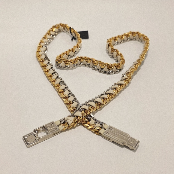 Vita Fete Double Chain Gold & SilverTone Breaded Cream Color Leather Belt New